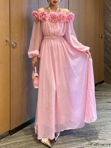 Woochic robe longue bustier manches lanterne fleurs tridimensionnelles à volants rose S